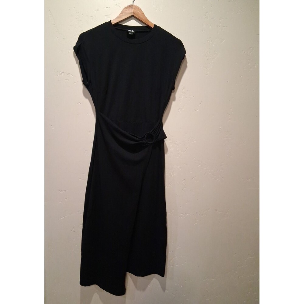 NWT INC International Wmn's Dress Faux Wrap Black XS Ruched Side-Tie Minimalist